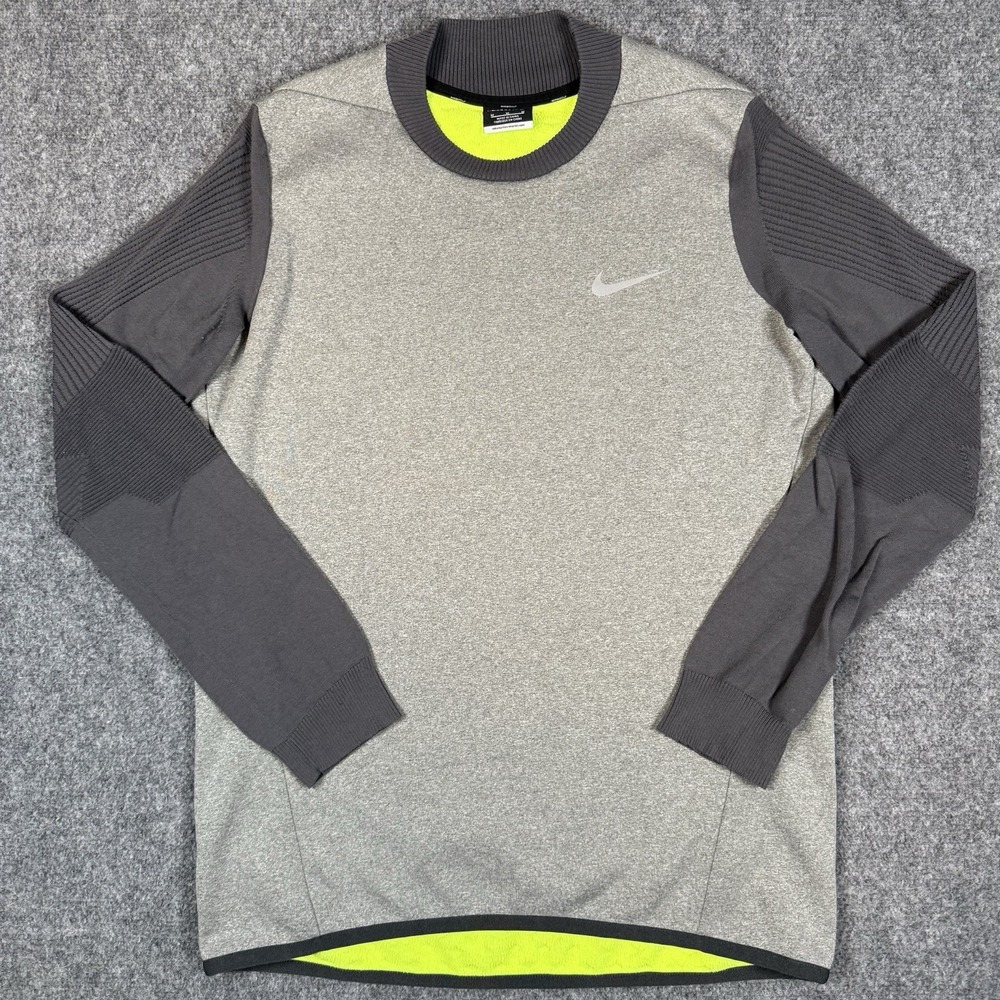 Nike Golf Crewneck Sweater Mens Medium Aeroloft Thermal Knit Gray Volt Swoosh
